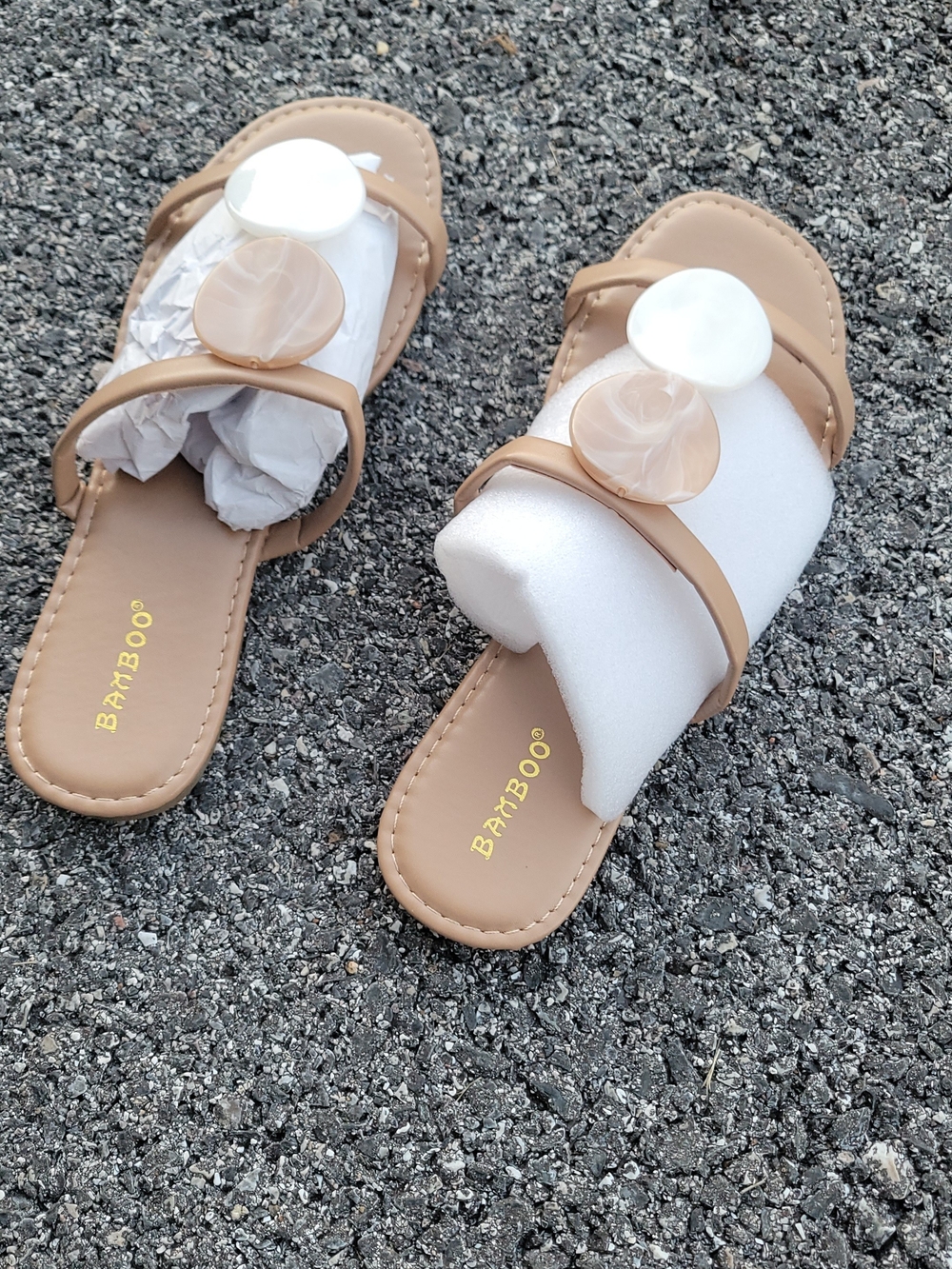 BAMBOO Women's Tan Slide Sandals with White and Beige Decorative Shells